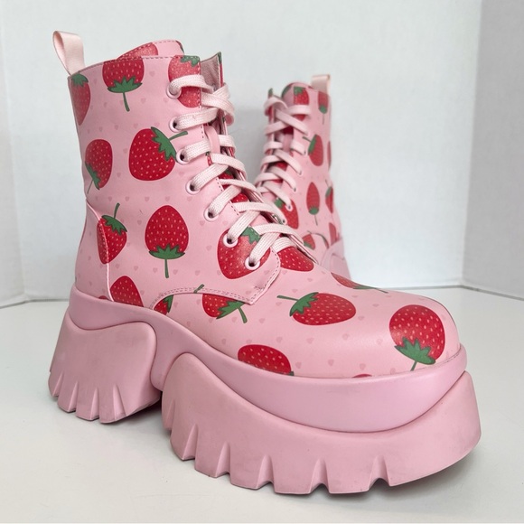 •KOI• Strawberry Spongecake Pink Vilun Platform Lace- Up Ankle Boots Size US 7 - Picture 2 of 16